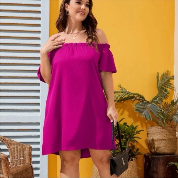 Off Shoulder Backless Satin Dress With Slit Fuchsia Plus Size